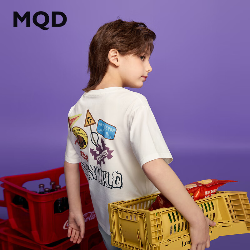 马骑顿（MQD）男童夏季新品学院风中大童基础百搭上衣卡通圆领亲肤短袖T恤 本白 120