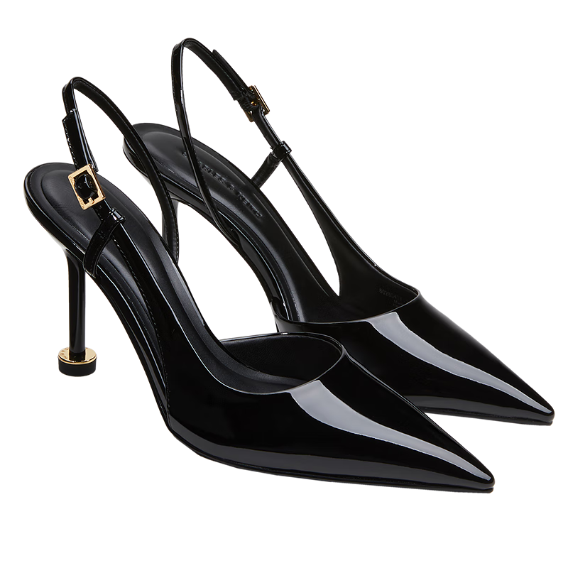 CHARLES&KEITH25夏季新品漆皮尖頭斑馬紋高跟涼鞋女CK1-60280477 Black Patent黑色 35 （225）