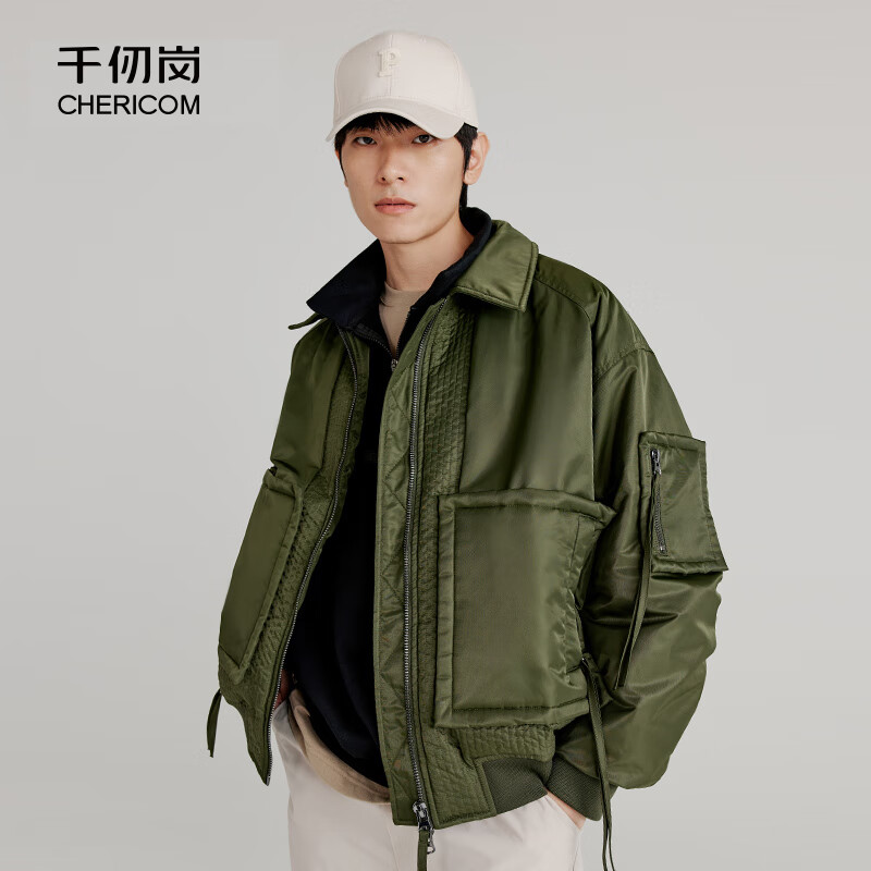 千仞岗春秋季工装羽绒服短款轻薄夹克男士翻领大口袋保暖外套休闲上衣 魔力黑 2XL (180)