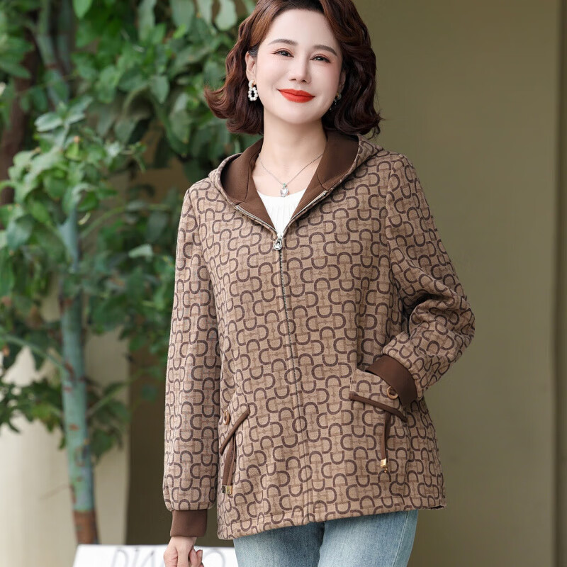 孜颜妈妈装春季宽松休闲外套女士夹克上衣50-60岁洋气春装女2026新款 驼色 XL (建议100斤以内)