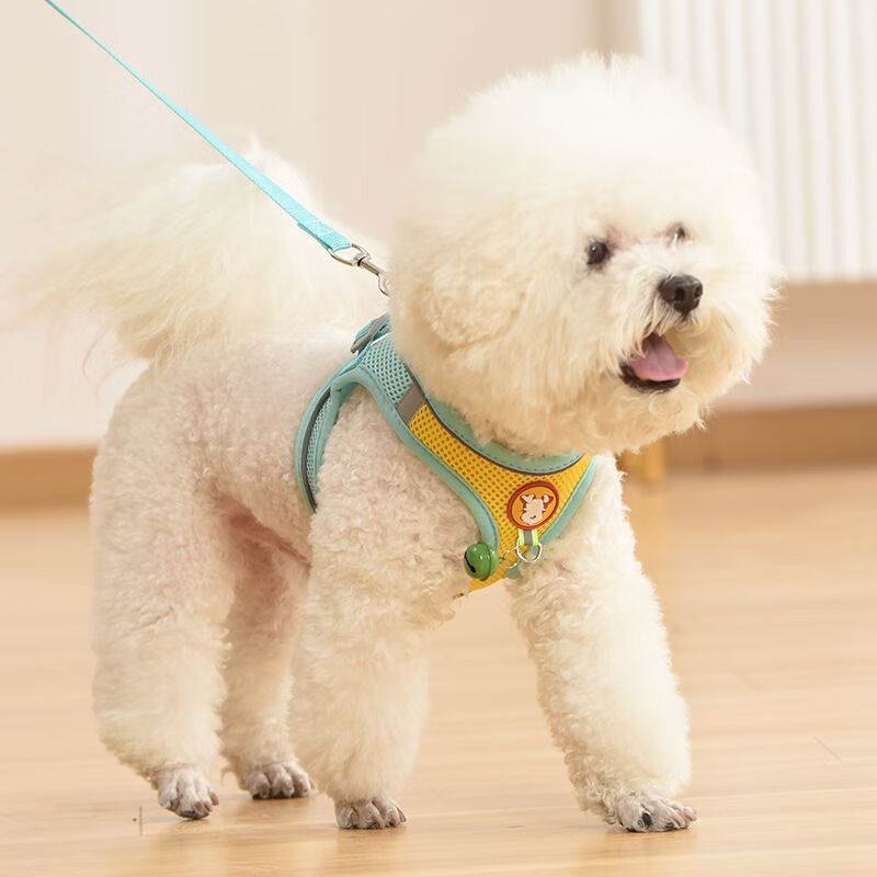 拉夫威爾背心式狗狗牽引繩小型犬泰迪比熊博美幼犬胸背帶寵物狗鏈 黃藍配1點(diǎn)5米長(cháng)扁繩 S-建議體重3-6斤的萌寵