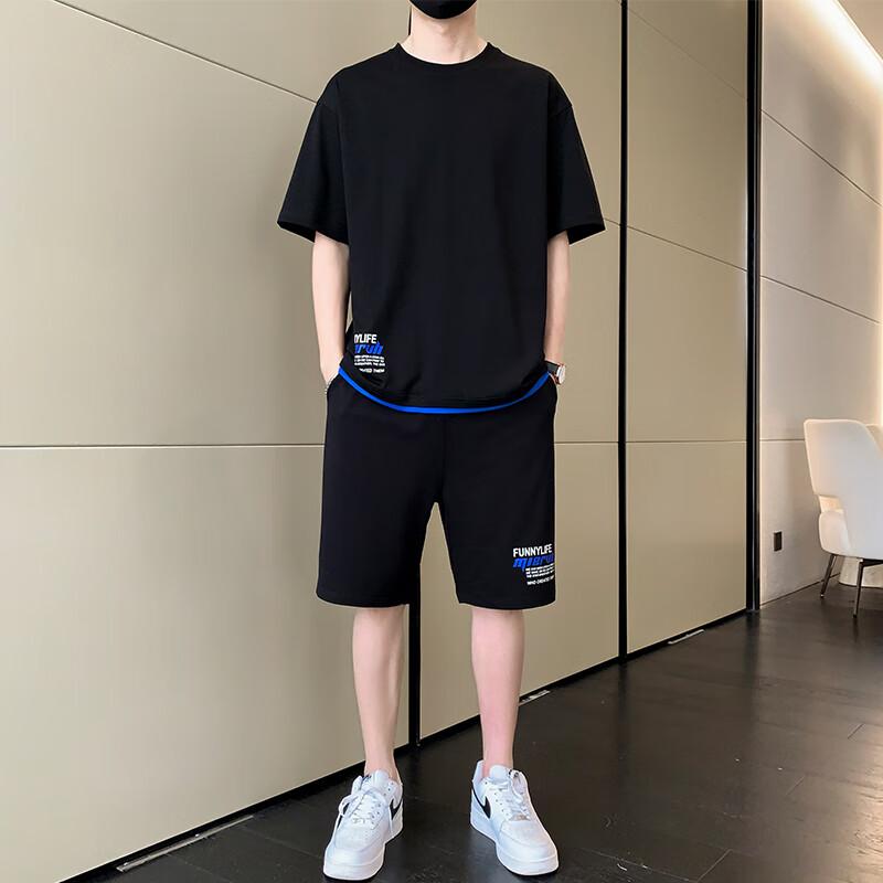 洛科驰短袖t恤男士夏季薄款宽松休闲黑色短裤一套搭配帅气学生运动套装 0851黑色 M 90-115斤可穿
