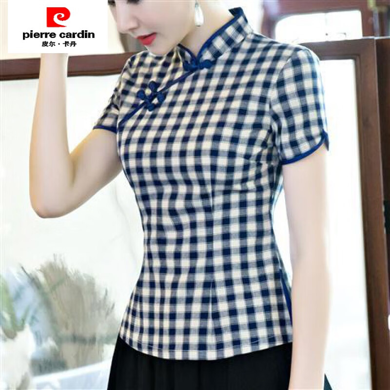 皮爾卡丹（pierre cardin）茶人服女棉麻套裝短袖唐裝旗袍上衣修身格子復(fù)古民國風(fēng)夏裝中式 3008藏青單件上衣 2XL