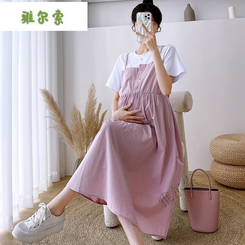 雅尔索孕妇装新款夏装大码显瘦中长款裙子孕妈妈拼接宽松遮肚潮搭连衣裙 888-A#粉红色假两件裙子 M  建议85-105斤