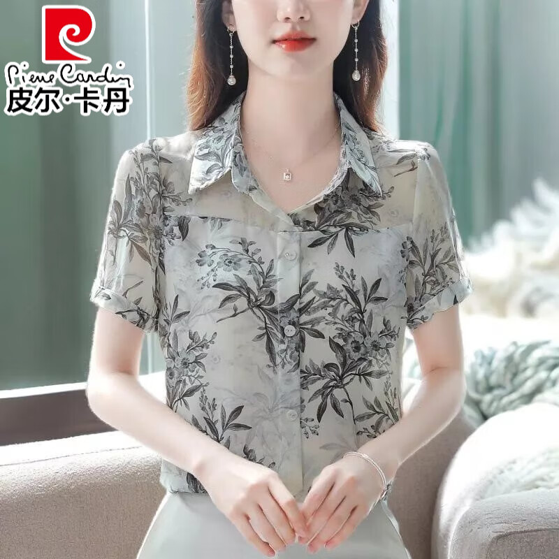 皮爾卡丹（pierre cardin）2025夏季碎花雪紡短袖襯衫女新款媽I媽小衫襯衣氣質(zhì)減齡女士上衣 灰色 XL 110-120斤