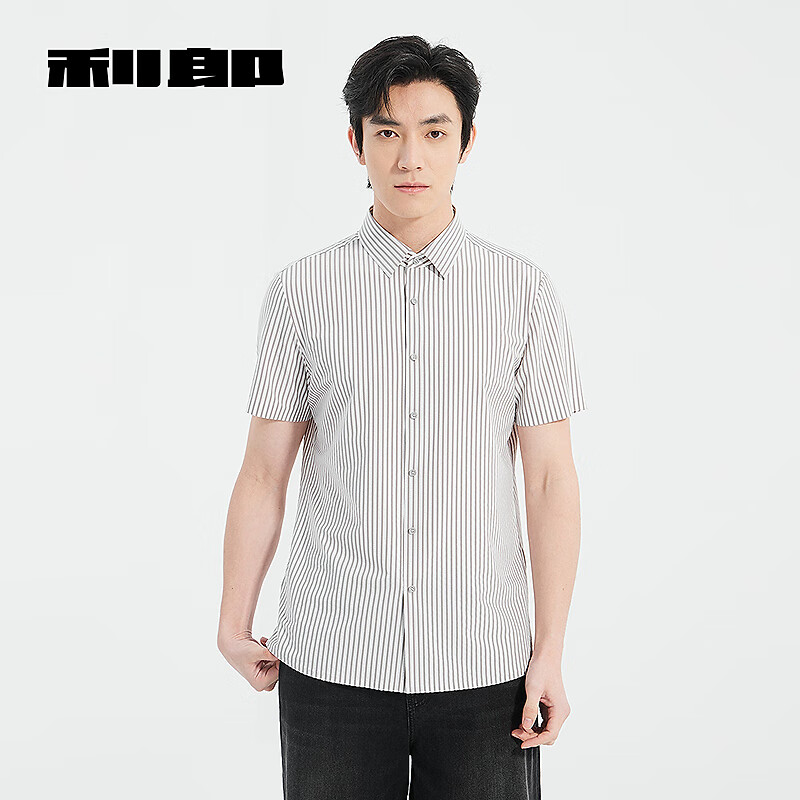 利郎【商场同款】休闲条纹衬衫男短袖夏季弹力修身男士衬衫 咖/白（25XXC1053S） M 165/80A