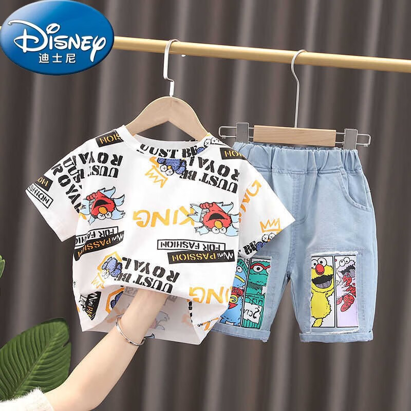 迪士尼（Disney）男童纯棉t恤套装夏季短袖24新款宝宝衣服儿童牛仔裤子polo衫两件 芝麻套装 白色 110 cm 建议身高90-1e