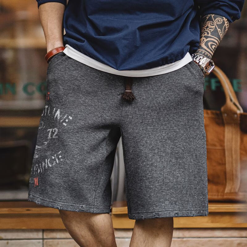 马登工装 美式复古航海印花短裤棉重磅做旧硬汉宽松针织五分裤男夏 深花灰 S