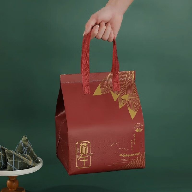 妙普乐新款端午节2025粽子包装袋手提礼盒保温袋定制礼品包装盒空盒 魔术贴款朱砂红含内衬 小号 长19