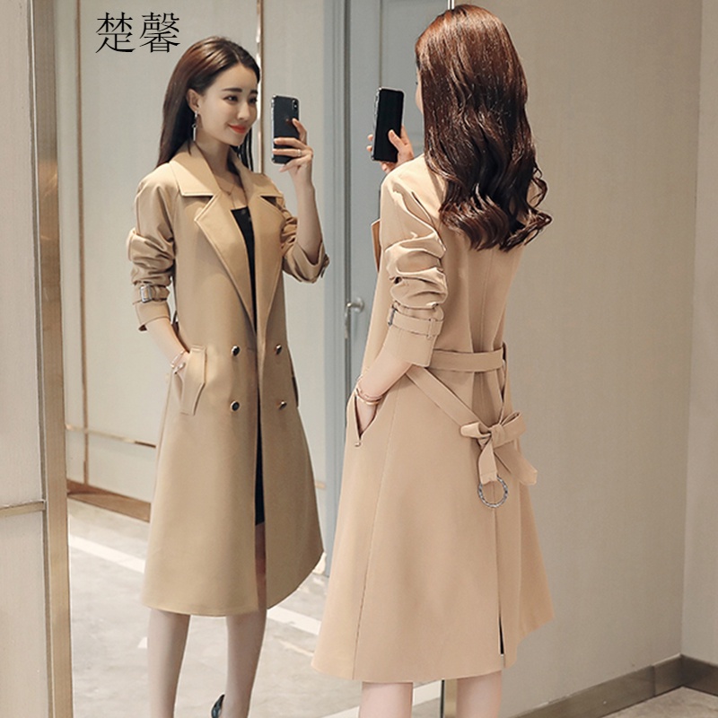 楚馨 2022春装新款春秋女装春季时尚韩版小个子修身休闲双排扣款英伦风过膝风衣女中长款女士外套女 卡其色 L(110-120斤)