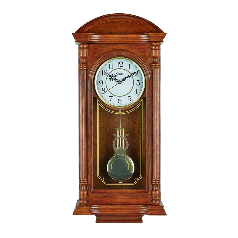 康巴絲【新品】新中式搖擺掛鐘客廳餐廳靜音石英鐘實木鐘表古典木紋表 咖木色