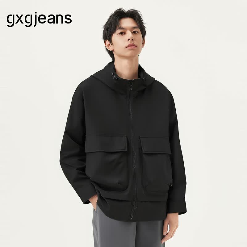 gxgjeans男装 黑色口袋设计工装风连帽夹克外套男士 25年秋新品 黑色 M (170)