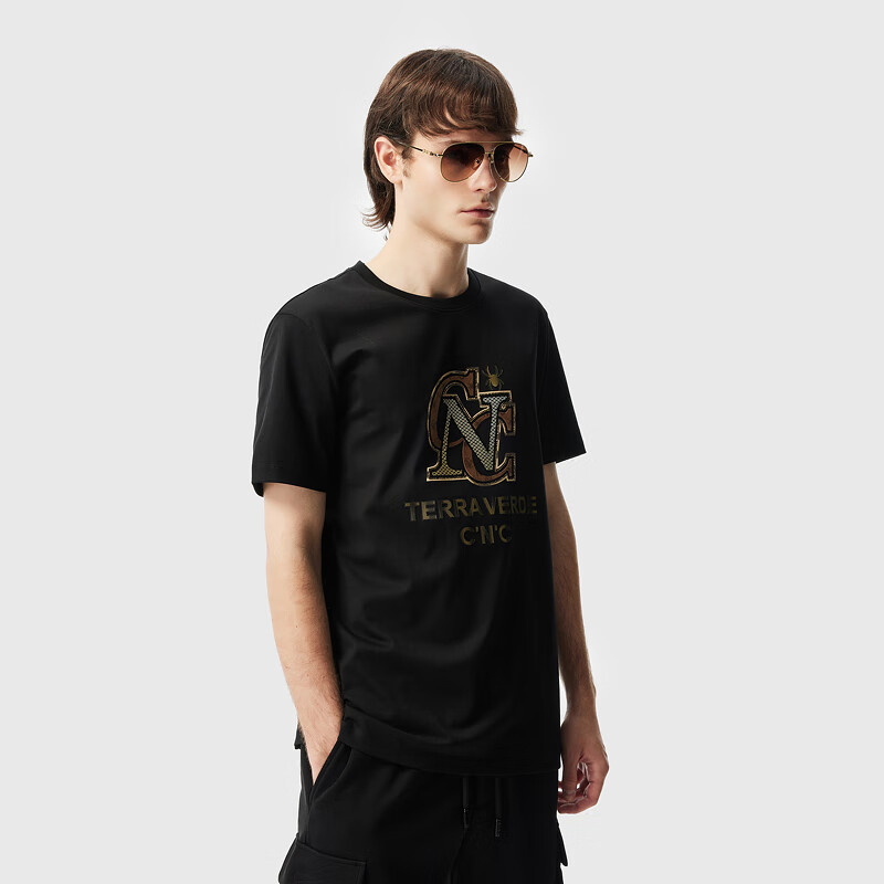 C'N'C【轻奢衣服】CNC男装春夏新款圆领短袖T恤男七夕礼物 黑色 54 /(185/100A)