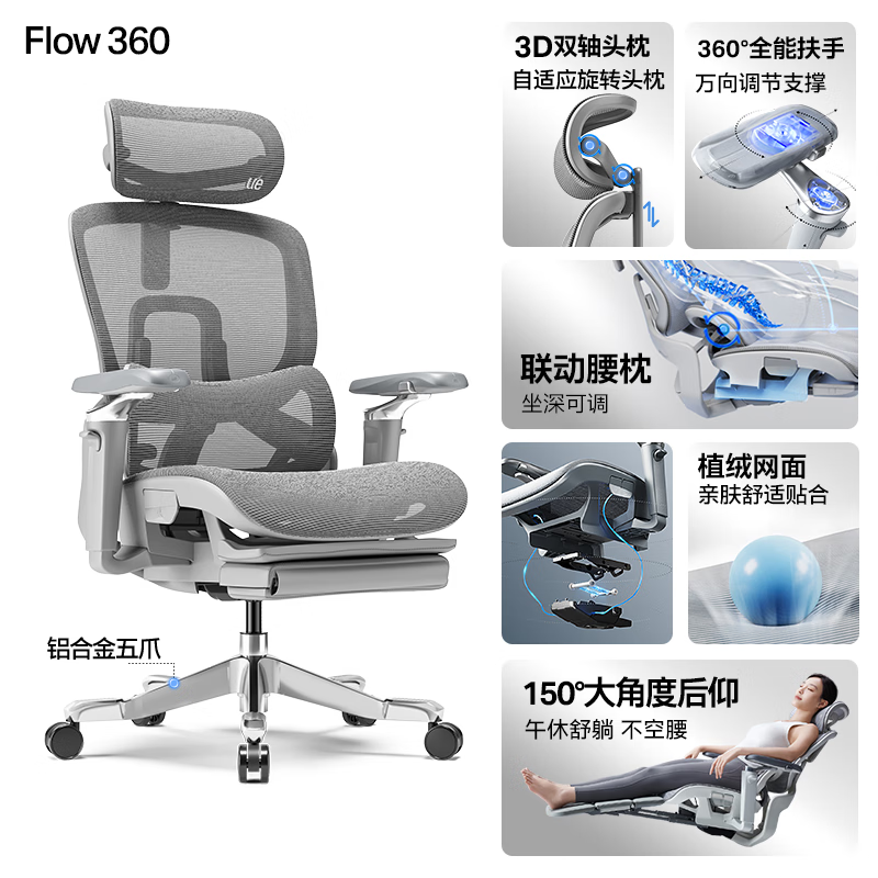 永藝人體工學(xué)電腦椅久坐舒適撐腰辦公轉(zhuǎn)椅 Flow360_霧灰-360°全能扶手-魔 鋁合金腳_旋轉(zhuǎn) 升降扶手