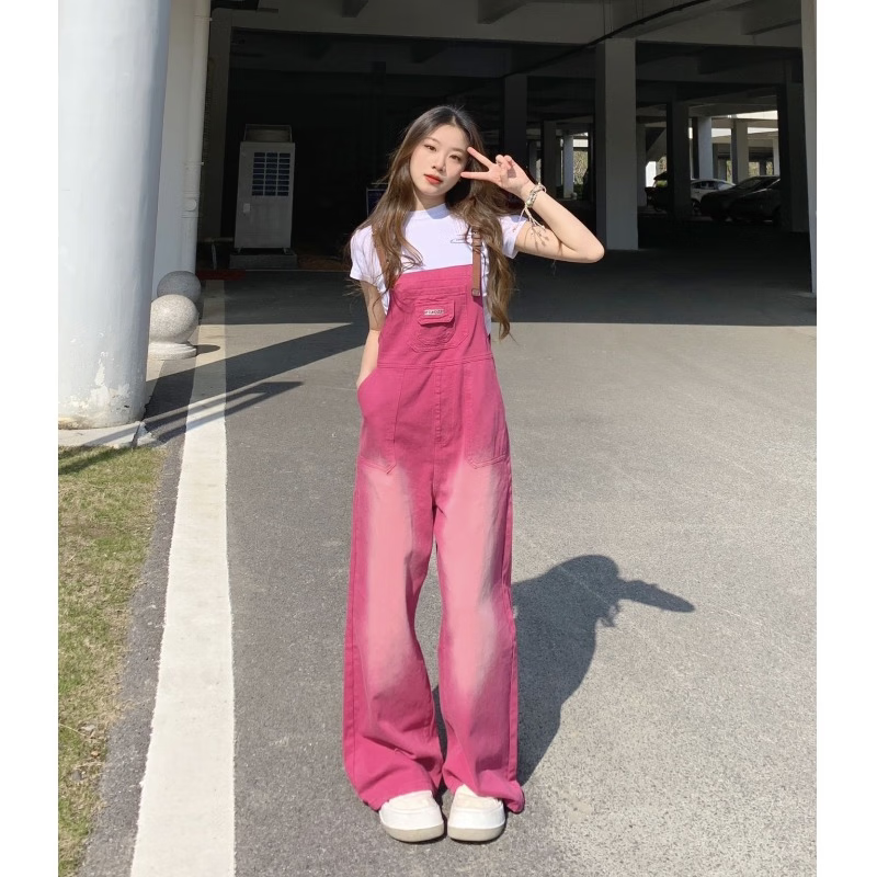 VJWK女士牛仔褲背帶女夏季單褲大碼胖妹妹工裝牛仔背帶褲女春夏新款直 樹莓粉色 S 碼【 90-100斤】