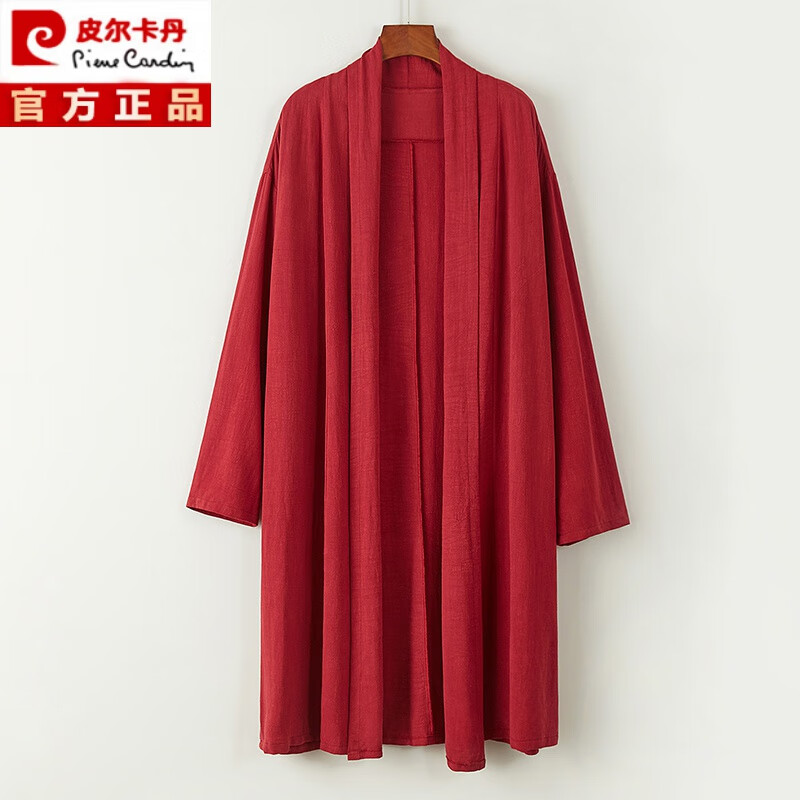 皮爾卡丹改良漢服中式唐裝中長款亞麻棉道袍長袍風(fēng)衣開衫男青年民族復(fù)古風(fēng) 紅色 2XL