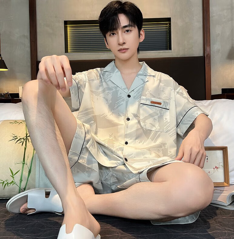 雅鹿睡衣男士夏季2026新款冰丝短袖薄款夏天青少年男生家居服仿真丝绸 NSJYI-冰丝43039 XL 【建议130-150斤】