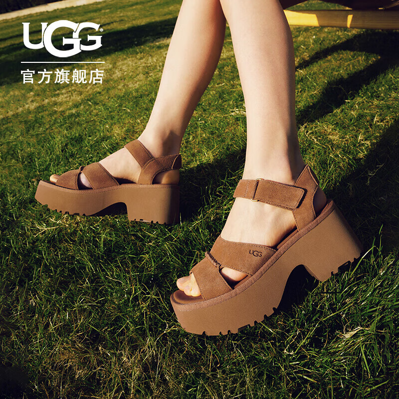 UGG夏季新款女士舒適厚底坡跟露趾休閑涼鞋1167475CHE|栗色 38