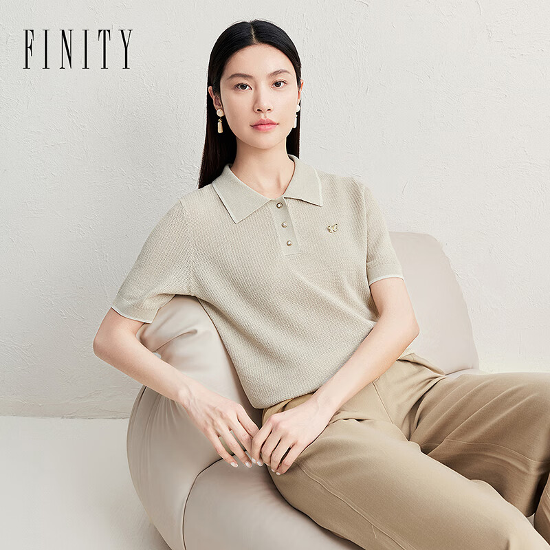 菲妮迪（FINITY）针织衫2025年夏季新款简约衬衫领气质减龄短袖上衣女 卡其色 M
