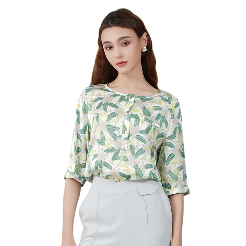 喬萬尼2025夏季新款真絲桑蠶絲襯衫舒適寬松五分袖上衣EI2C802401 創(chuàng)意花卉 XL