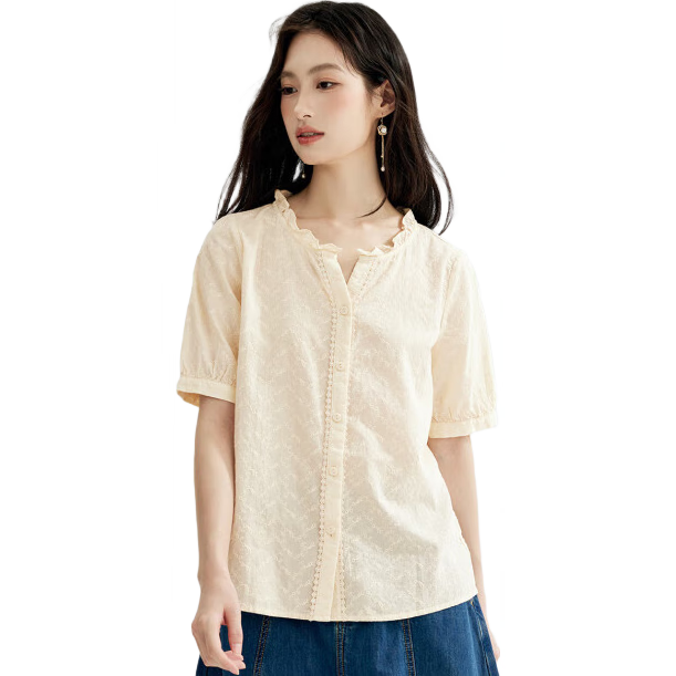 茵曼（INMAN）田園提花肌理春夏高檔白襯衫女V領氣質短袖上衣 淡香杏 M 