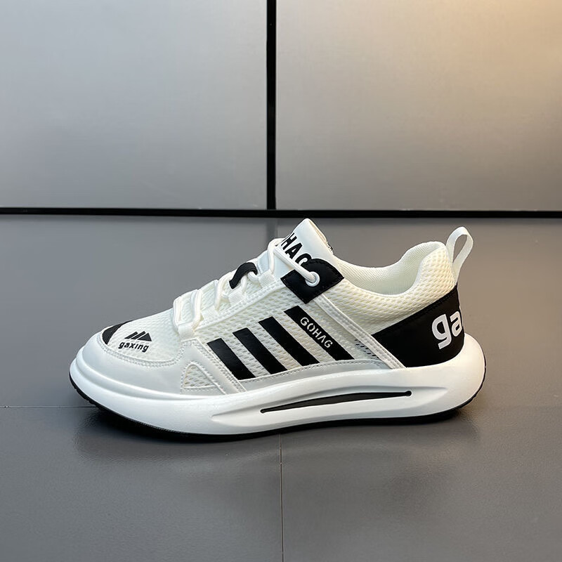 LZXB品牌轻奢男鞋夏季新款低帮时尚百搭轻便透气网面运动休闲鞋男 白黑-【冰丝透气】 42