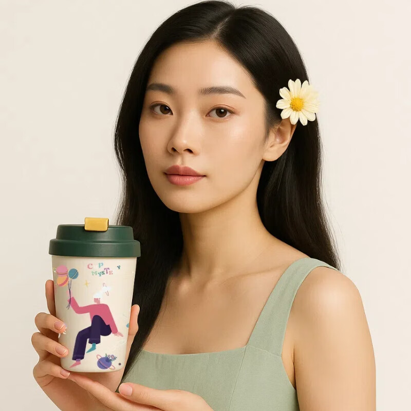 CUP MYSTERY手绘创意咖啡保温杯卡通桌面杯陶瓷内胆健康办公室饮水杯子便携 绿色