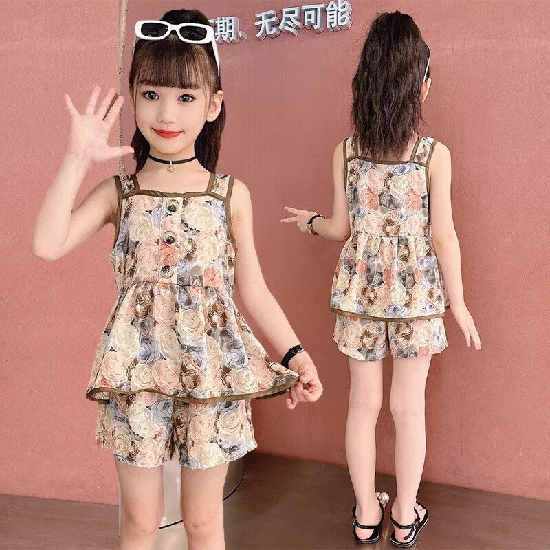 贝婴初短袖套装两件套女童夏季网红时尚新款女孩洋气夏款休闲短袖套薄款 扎染花两件套 160