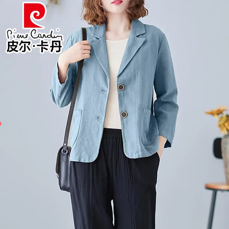 皮爾卡丹（pierre cardin）亞麻七分袖小西裝短款外套2025新款春夏寬松薄款棉麻小開衫上衣女 水藍(lán)色 M 90-115斤