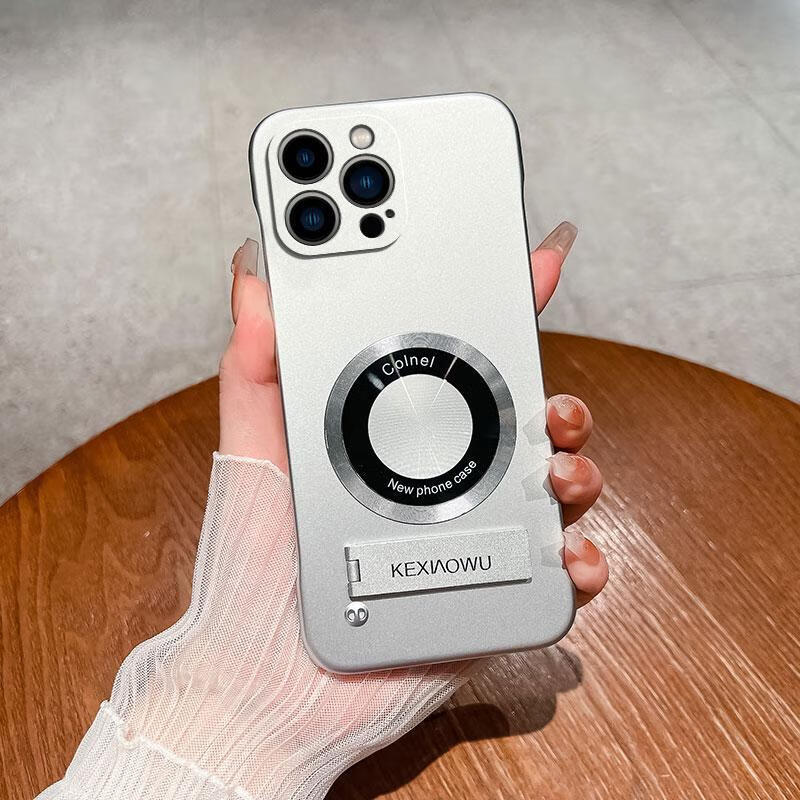 适用苹果12promax超薄无边框防摔保护套iPhone磁吸支架高级手机壳 金属漆【哑光银】-磁吸圈+支架 苹果12 Pro Max