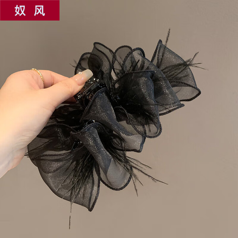 奴風網(wǎng)紗蝴蝶結(jié)鯊魚夾輕盈羽毛氣質(zhì)蓬松增發(fā)量發(fā)抓后腦勺發(fā)夾發(fā)飾 黑色雪紗羽毛鯊魚夾