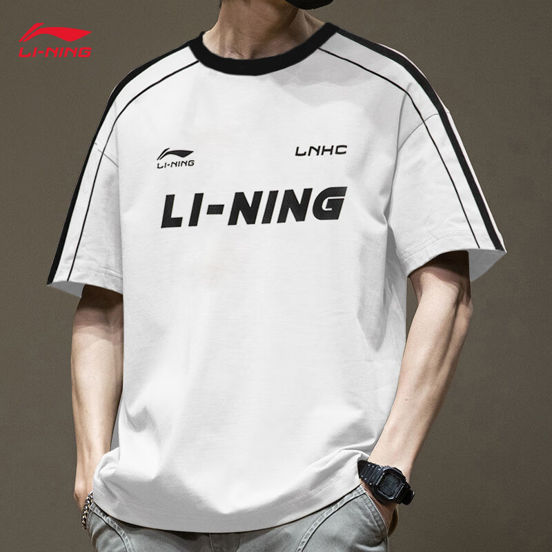 李宁短袖t恤男女春夏2026新款学生纯棉重磅美式宽松半袖上衣运动服 乳白色-字母印花 M /170