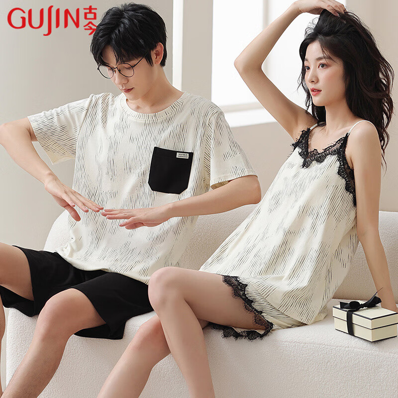 古今（GUJIN）夏季新款情侣睡衣带胸垫纯棉短袖性感吊带送女友可外穿男士家居服