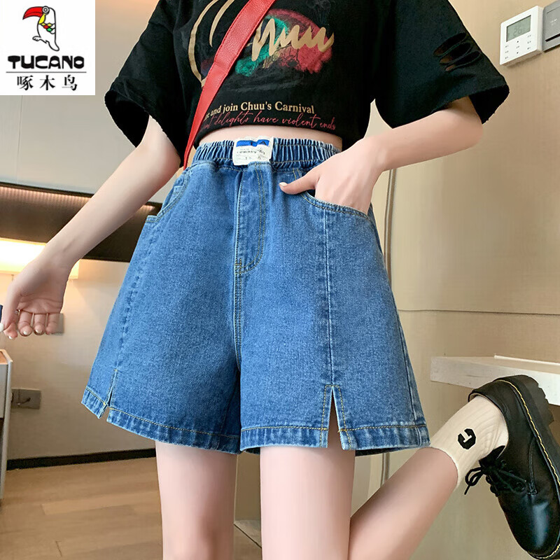 啄木鳥胖mm大碼牛仔短褲女a(chǎn)字闊腿熱褲寬松緊高腰夏季薄款顯瘦加肥200斤 【5532：藍(lán)色 牛仔短/褲】 M 【 建議100斤以下】