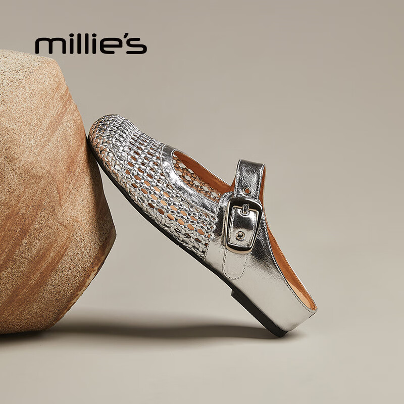 妙丽穆勒鞋女低跟镂空外穿包头时尚2025夏季新款百搭休闲时尚半拖鞋 银色 38 (240mm) 标准码