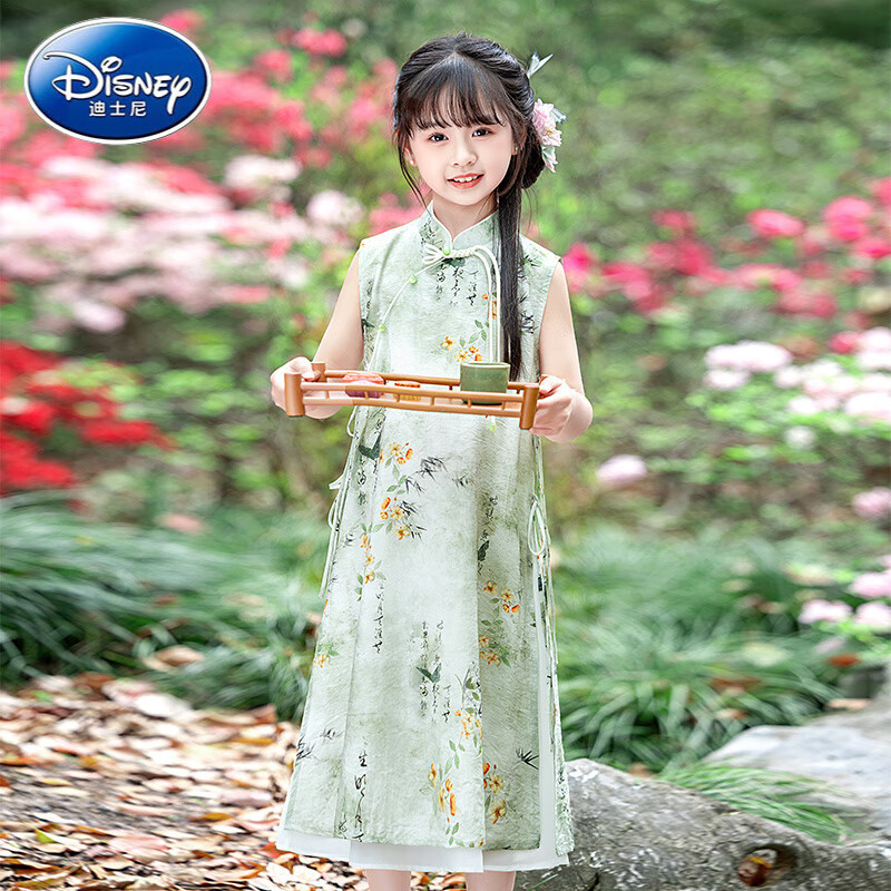 迪士尼（Disney）女童汉服旗袍裙2025夏季连衣裙新中式国风女孩唐装儿童公主裙 女童旗袍裙 青绿色 90