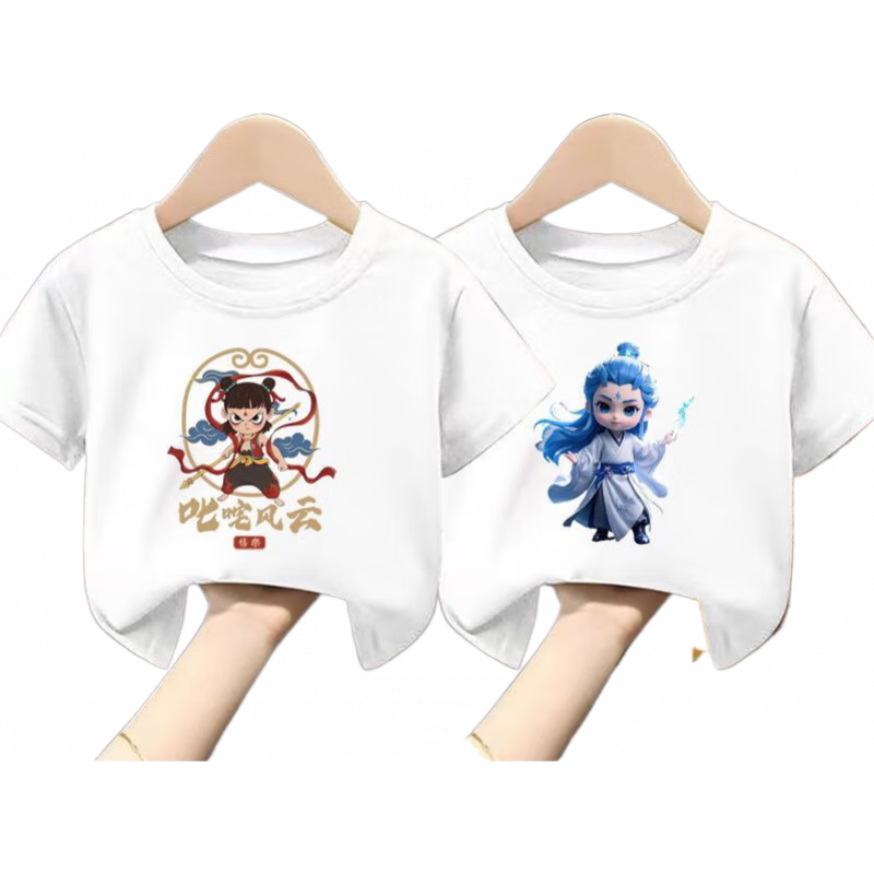 100%纯棉哪吒男童女童短袖T恤夏季新款儿童宝宝卡通半袖上衣童装 008-白色哪吒T110+红色敖丙T111 130