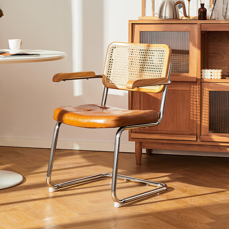 八九間D6Z藤編電腦椅家用辦公復古座椅雙十一 D6Z藤編椅_實(shí)木扶手_皮坐墊_棕黃 鋼制腳  固定扶手