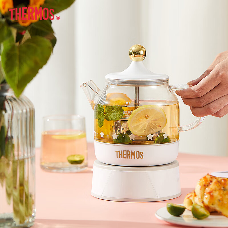 膳魔师（THERMOS）迷你养生壶家用办公室多功能玻璃花茶壶 煮茶壶煮茶器 恒温保温烧水壶电水壶 EHA-1602E奶油白 0.55L