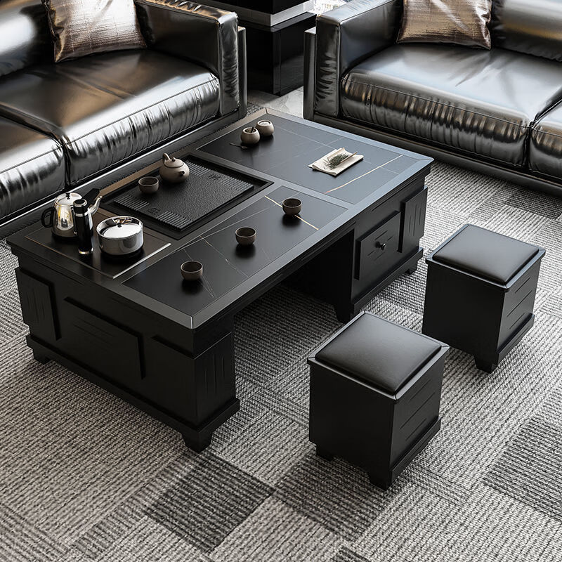 邦將巖板茶幾功夫茶具套裝一體客廳火燒石茶桌家用辦公室泡茶臺(tái) 130*80黑色送茶爐全套 整裝