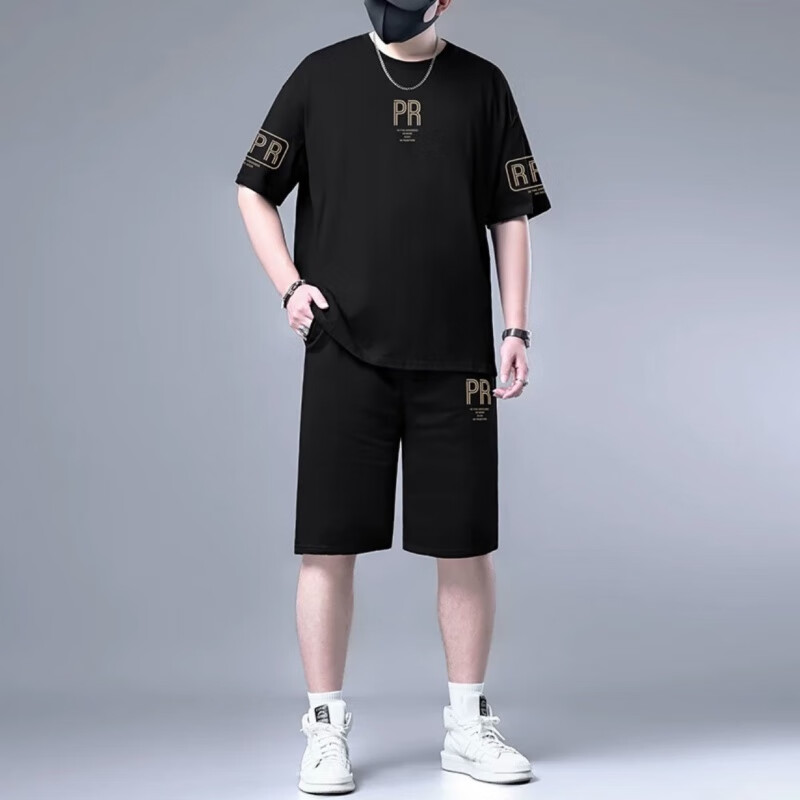 洛科驰夏季冰丝套装男夏装冰感t恤短袖男宽松胖子加肥加大300斤大码男装 PZ84黑色【冰丝套装】 XL 建议130-140斤