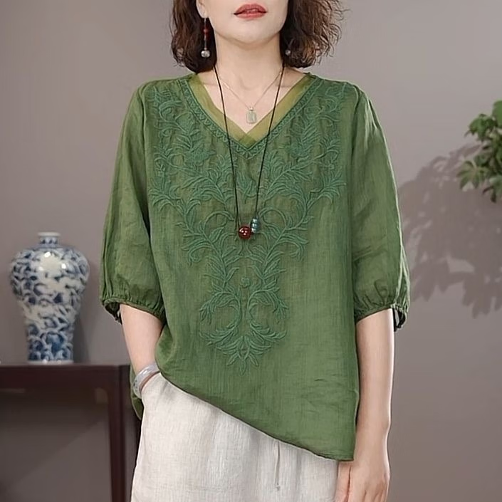 俞兆林(YUZHAOLIN)母亲节妈妈夏装复古风天丝麻V领短袖上衣女士宽松大码刺绣薄款 粉色 3XL (建议115-130斤)