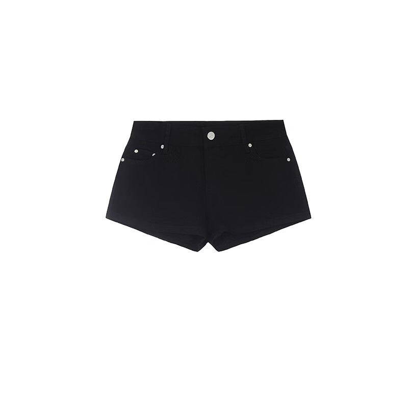A CHOCK【Achock官方店】十字花刺繡緊身彈力辣妹短褲女新款顯瘦牛仔熱褲 黑色 M