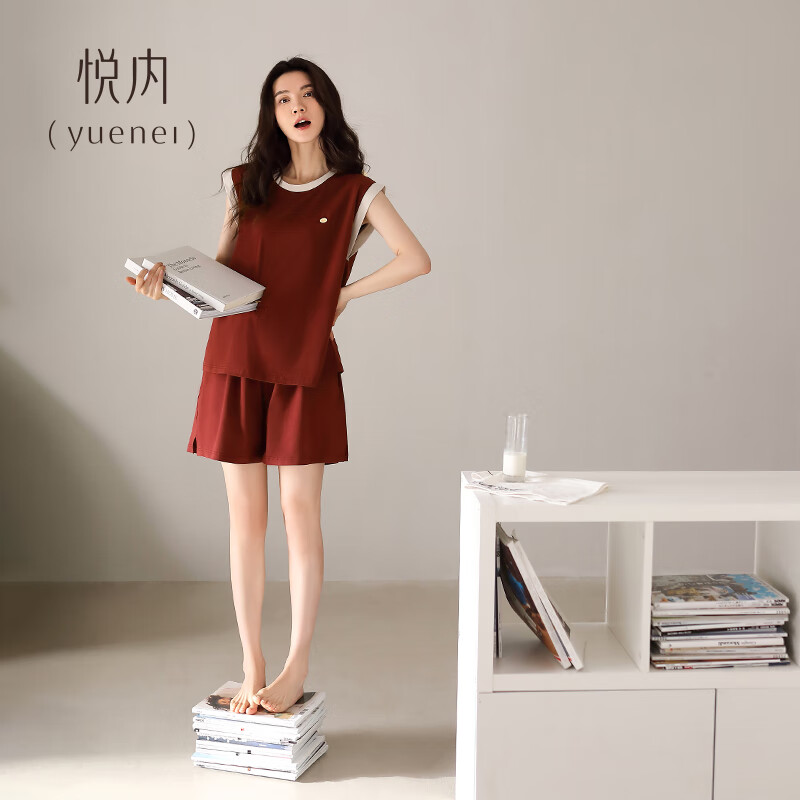 悦内带胸垫bra睡衣女夏季夏天夏款纯棉无袖背心短裤家居服套装防侧漏 B23505苑红【带胸垫】 XL (170) 【体重120-140斤】