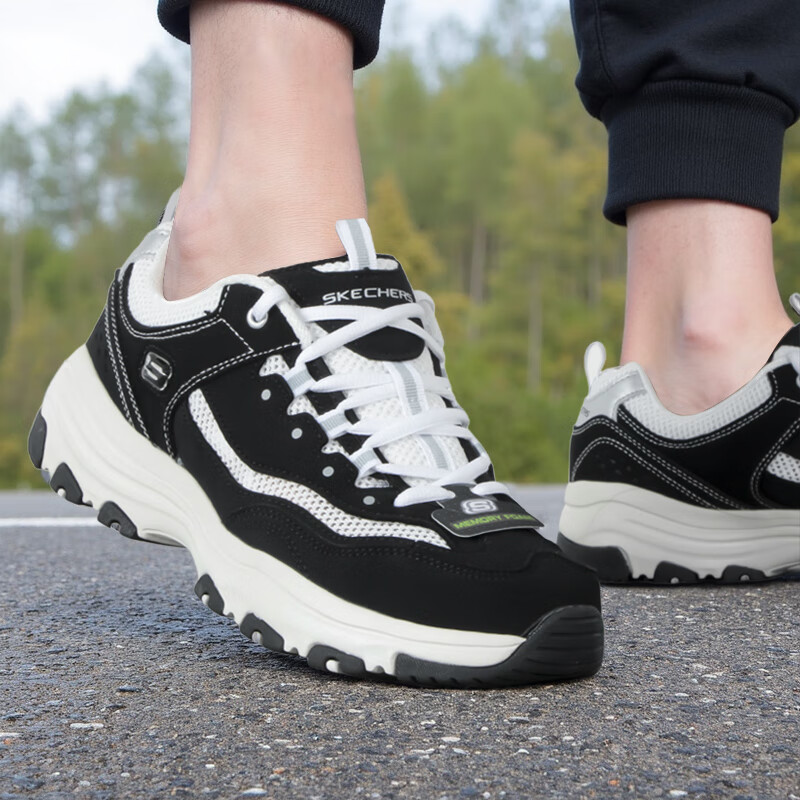 斯凯奇（Skechers）男鞋2025夏季新款熊猫鞋休闲鞋厚底增高黑白老爹鞋透气网面运动鞋 黑色/白色-BKW 41.5