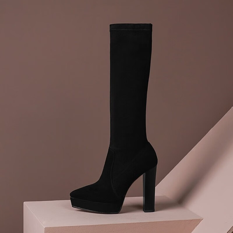 韩窈儿高跟长靴秋冬季新款纯色尖头长靴套筒弹力靴大小码时尚时装靴