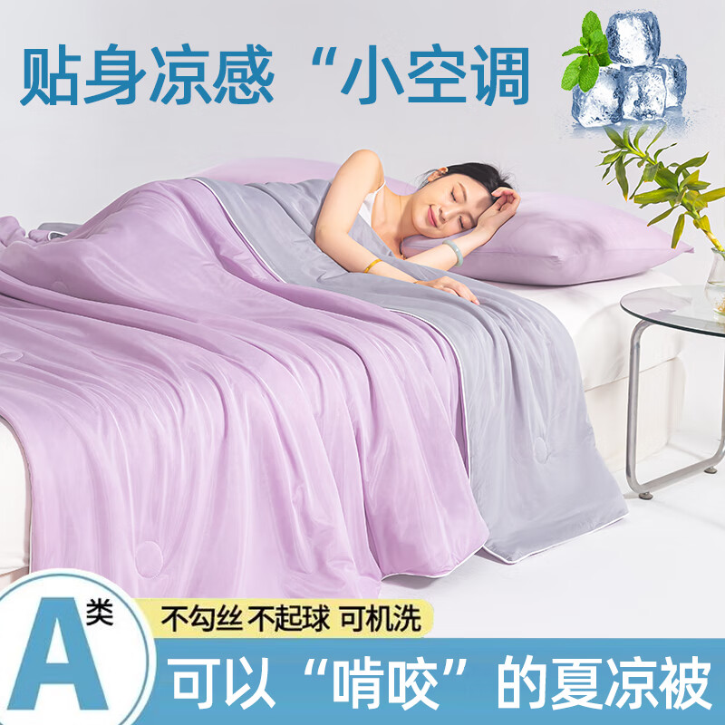 嘉天下A类冰丝夏被凉感丝夏凉被夏季薄款冰皮被 可机洗水洗单人空调被子 丁香紫+灰【A类凉感面料】 单人夏被：150cm*200cm
