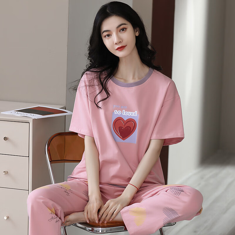 诸禄紧密纯棉睡衣女夏季薄款甜美可爱短袖长裤套装2025新款舒适家居服 635 M