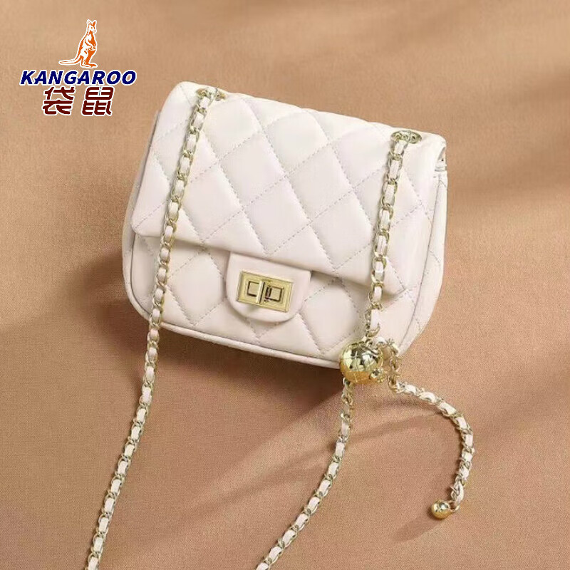 袋鼠(KANGAROO)小香风包包女2025新款高级感时尚小金球菱格链条包百搭单肩斜挎包 白色