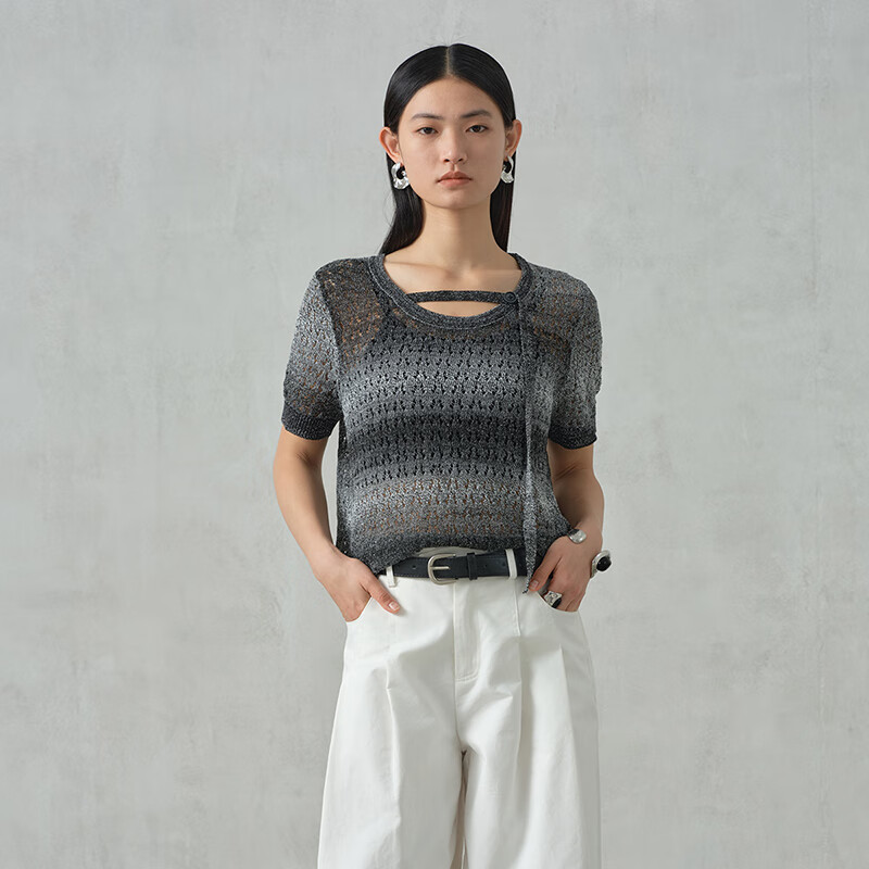 阿依莲【商场同款】气质毛衣针织衫短袖女夏季2025新款薄款显瘦镂空上衣 黑色 S